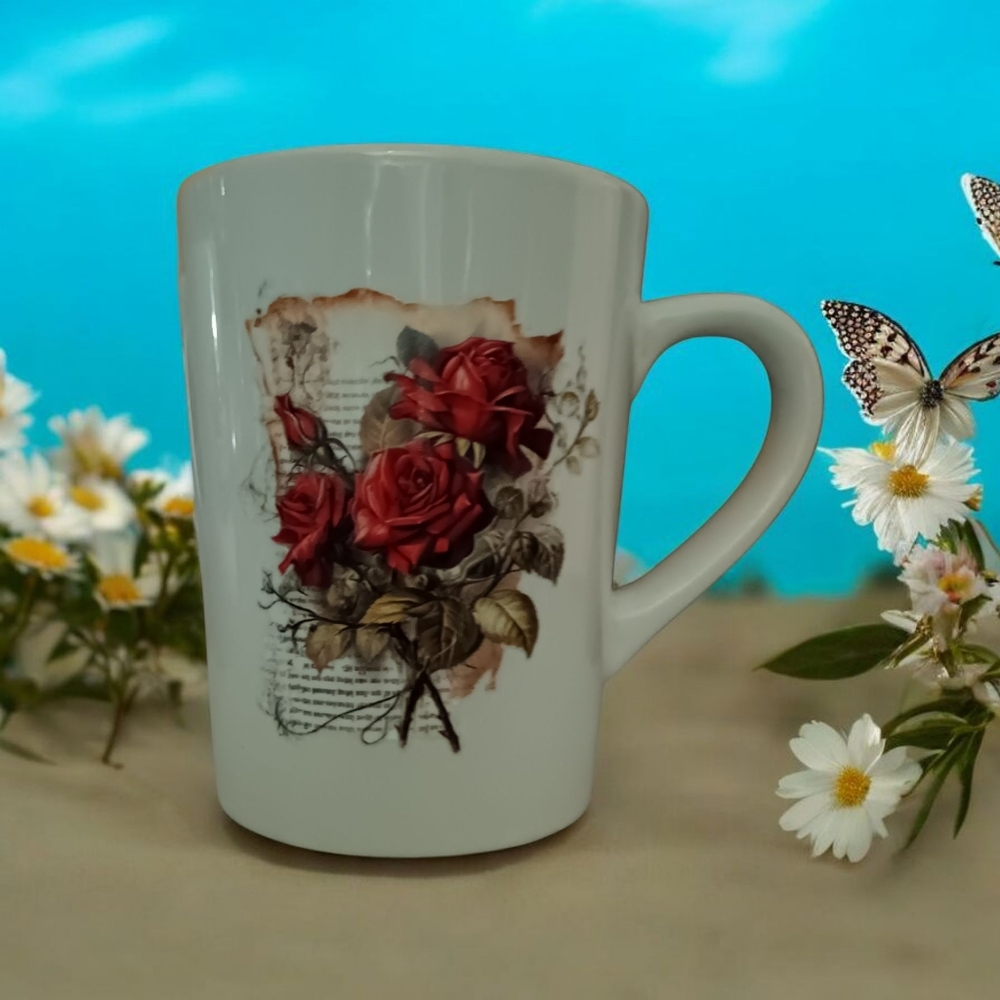 Handcrafted Floral Mug with Red Rose Design